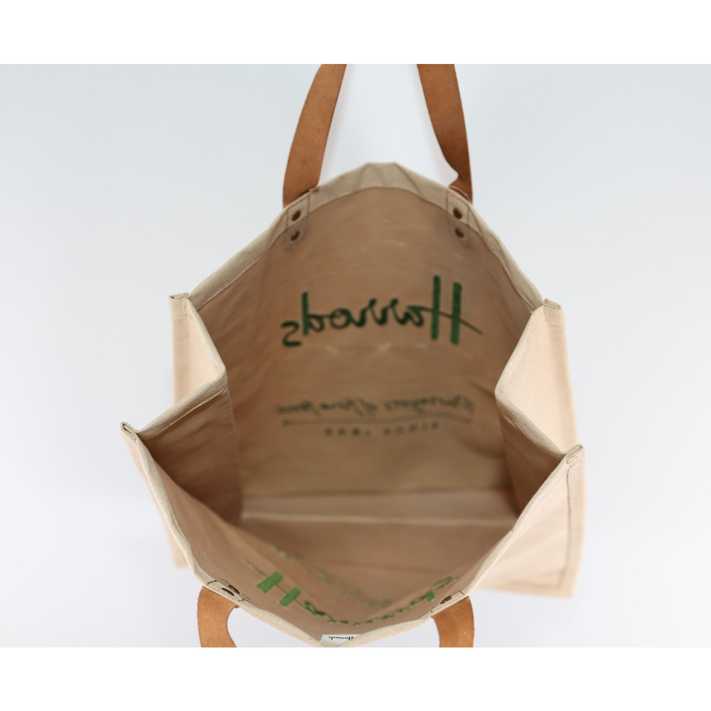 A5 New HARRODS Reusable Jute Cotton Food Halls Shopper Bag Tote Leather Handles - Picture 2 of 4